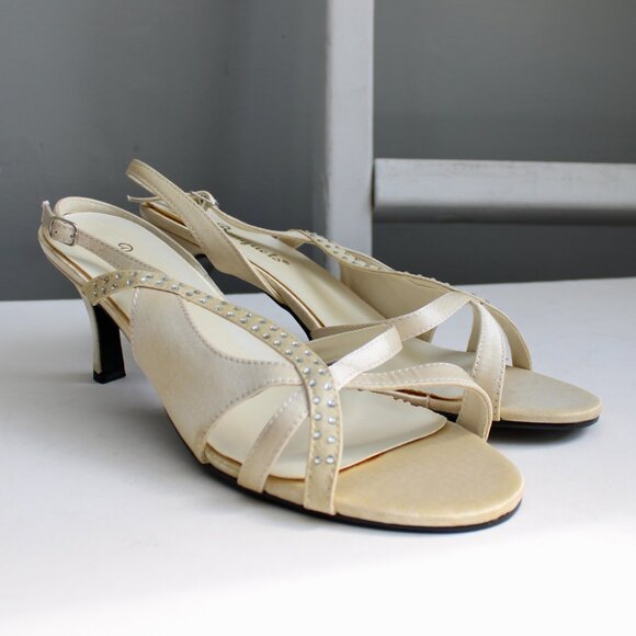 Bouquets Champagne Rhinestone Satin Open-Toe Slingback Heels Size 12 WW - Picture 1 of 8